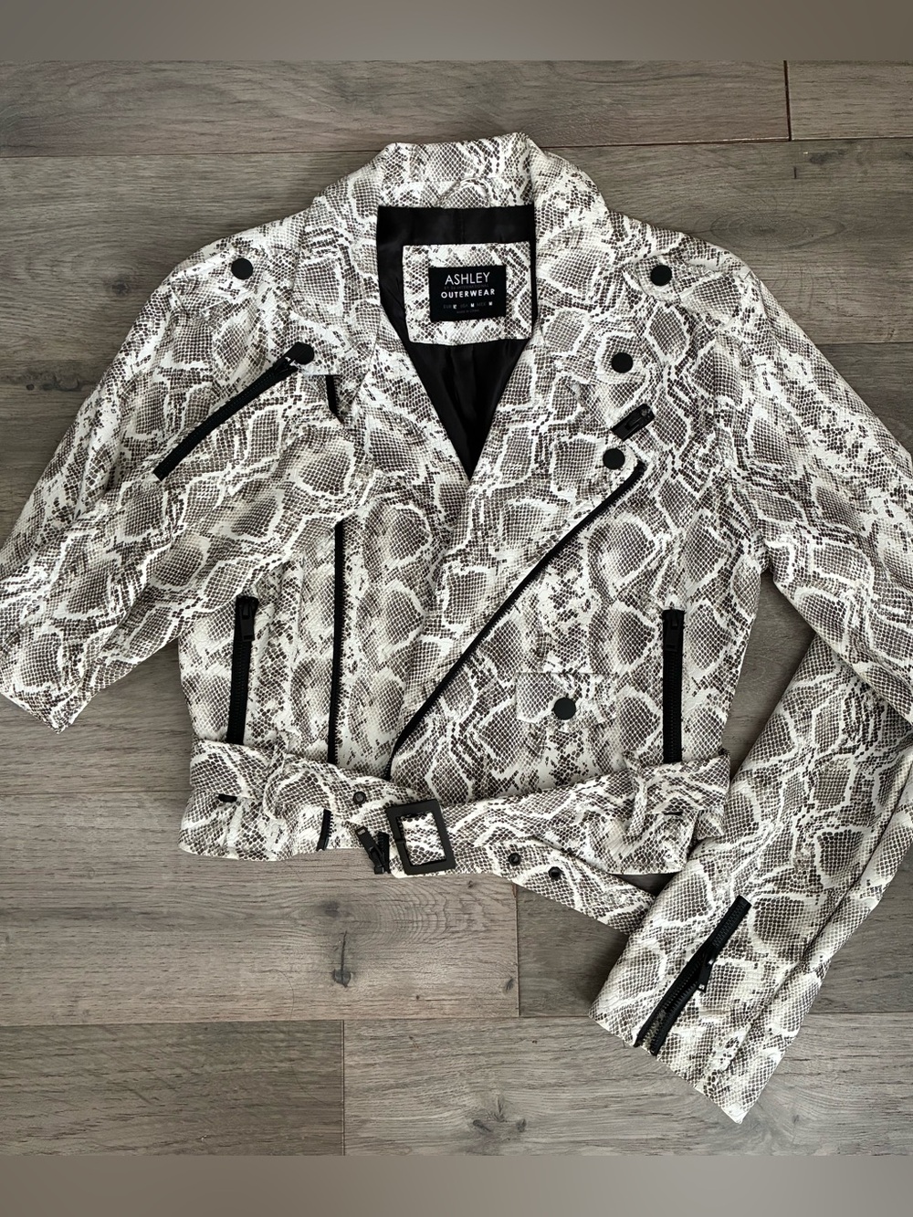 Ashley By 26 International White and Black Snake-Print Moto Jacket